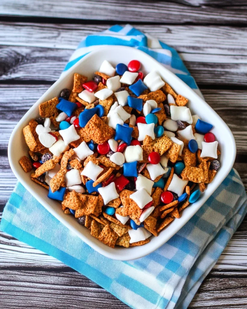 Red, white, and blue snack mix