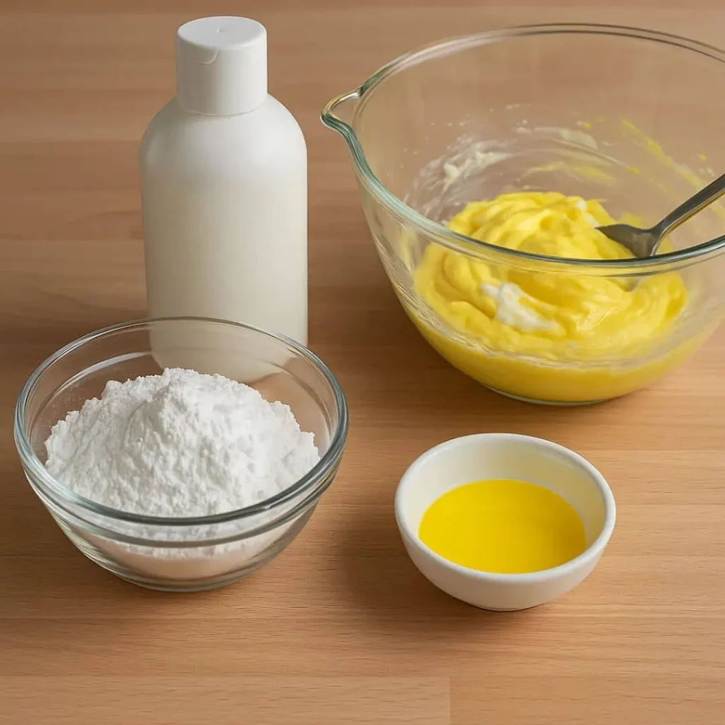 Cornstarch, lotion, and yellow food coloring arranged for DIY play dough