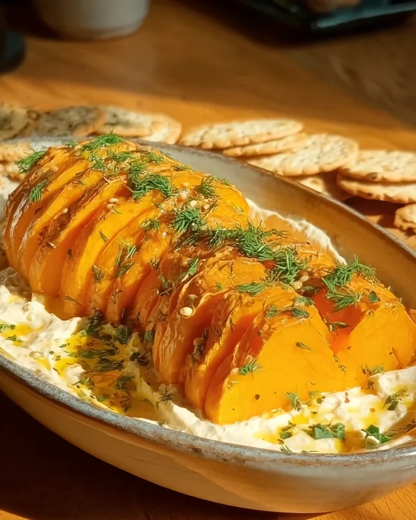 Baked butternut squash on feta dip
