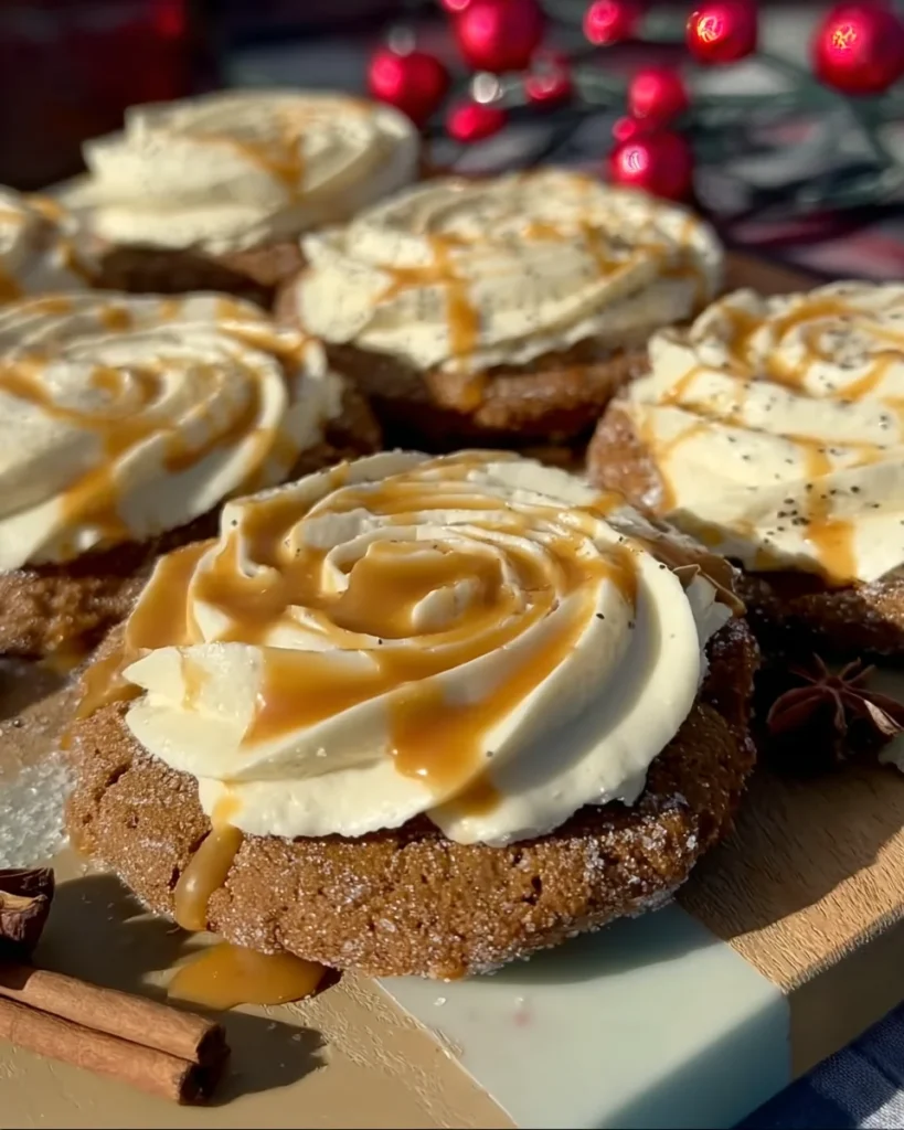 Soft Gingerbread Cookies topped with Vanilla Bean Buttercream Frosting and Salted Caramel