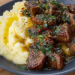 Butter Garlic Steak Bites and Mashed Potatoes