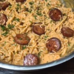 Creamy, spicy garlic noodles with sausage