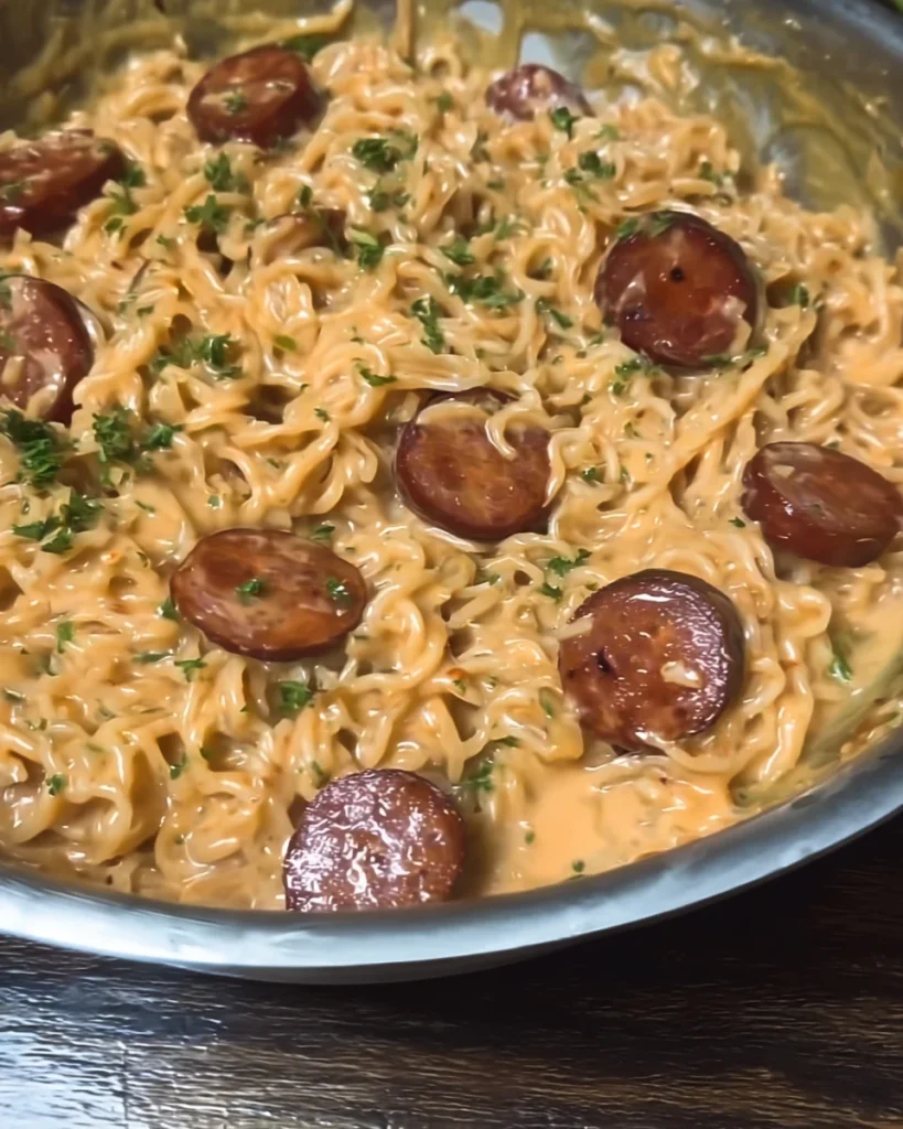 Creamy, spicy garlic noodles with sausage