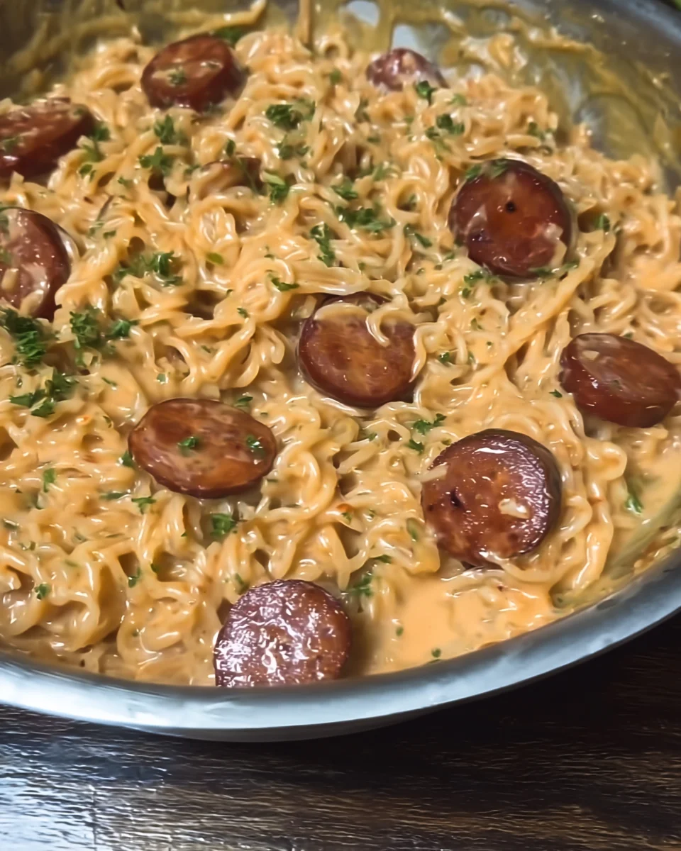 Creamy, spicy garlic noodles with sausage