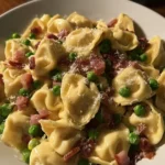 Tortellini with crispy pancetta and sweet baby peas