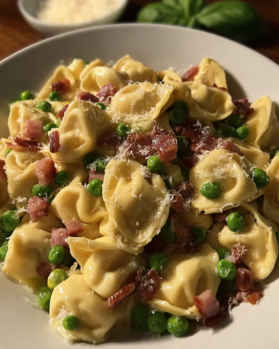Tortellini with crispy pancetta and sweet baby peas