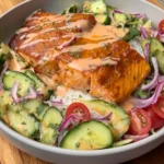 Air Fryer Bang Bang Salmon with Cucumber Salad
