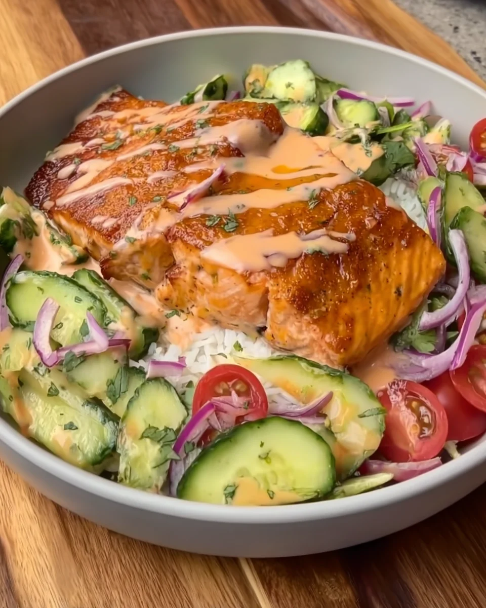 Air Fryer Bang Bang Salmon with Cucumber Salad