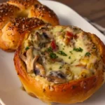 Bread Pots filled with chicken, mushrooms and cheese