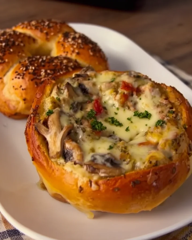 Bread Pots filled with chicken, mushrooms and cheese