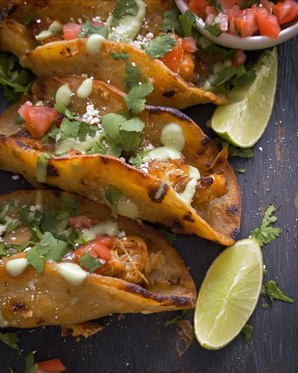 CRISPY CHICKEN CARNITAS TACOS with AVOCADO CILANTRO LIME SAUCE