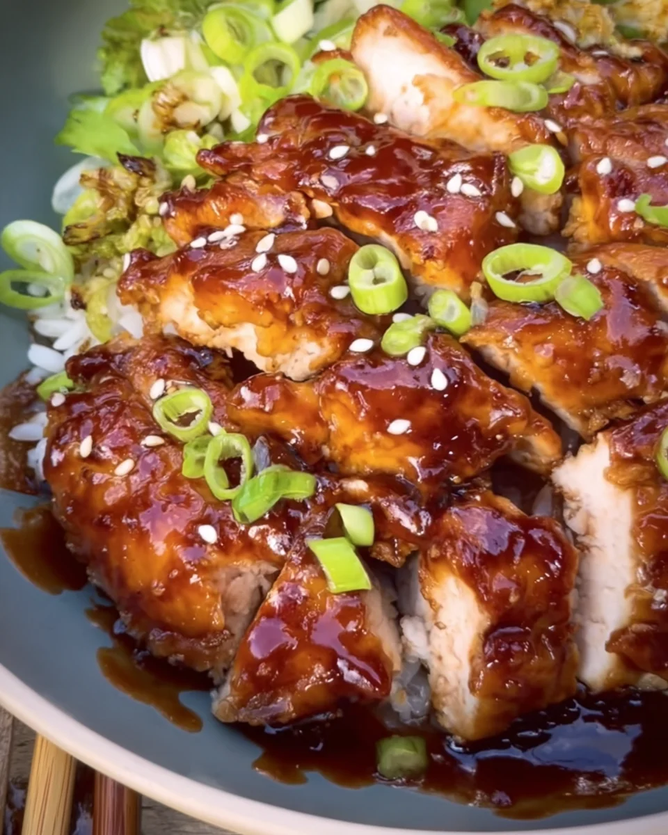 Crispy chicken thighs with a sticky teriyaki sauce
