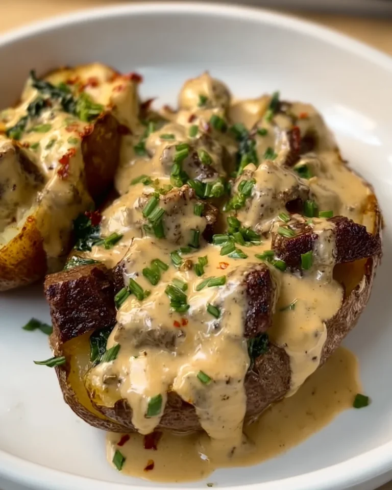 Steak Stuffed Potatoes with Parmesan Cream Sauce