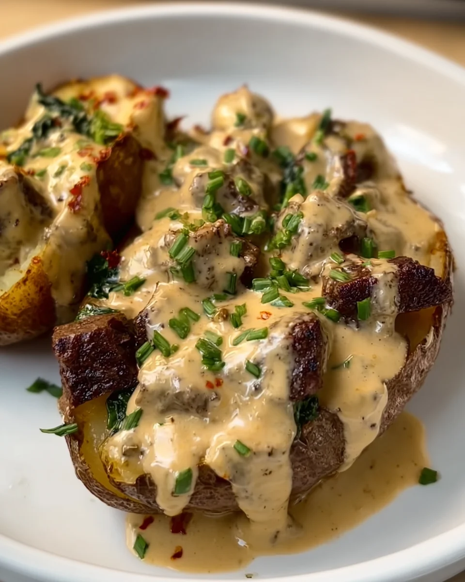 Steak Stuffed Potatoes with Parmesan Cream Sauce