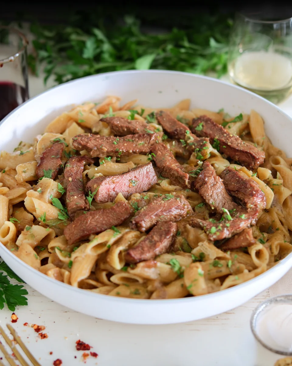 Creamy Garlic Steak Pasta
