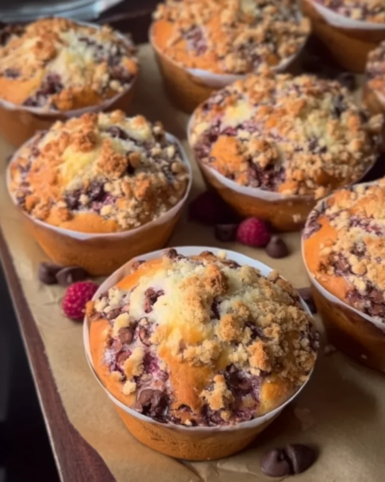 Raspberry and Chocolate Chip Muffins with Crumble Topping