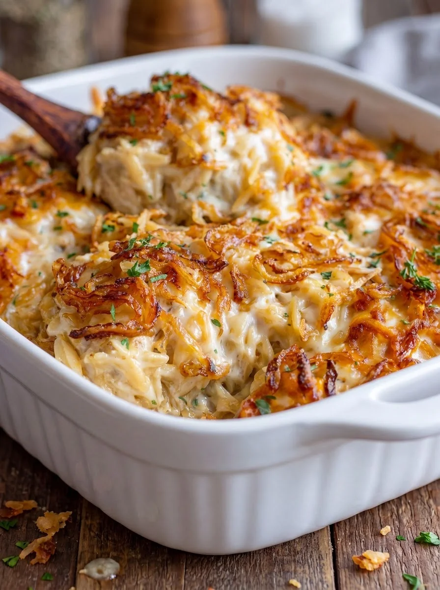 French Onion Chicken Orzo Casserole